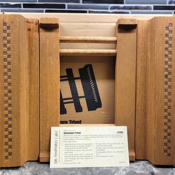 Pampered Chef Stoneware Wooden Trivet Adjustable #2130 Original Box Made In USA - Picture 2 of 14